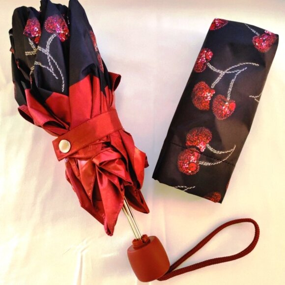Coach Nylon Sequin Cherry Print UV Protection Mini Umbrella in Black/Silver, NWT - Picture 3 of 3